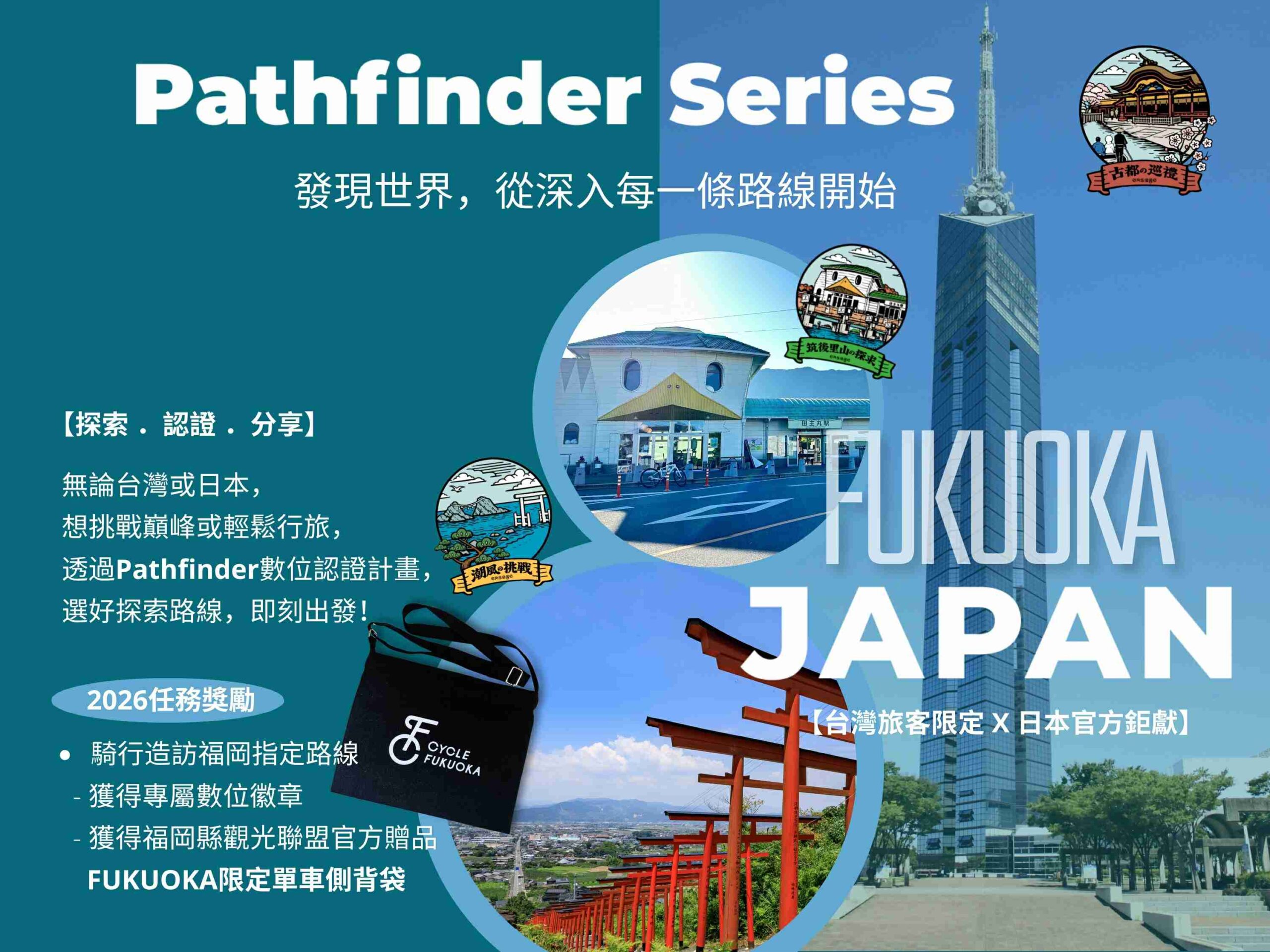 Pathfinder Japan 福岡數位認證計畫宣傳圖,呈現福岡塔、浮羽千本鳥居、主題路線徽章與 2026 任務獎勵 FUKUOKA 限定單車側背包